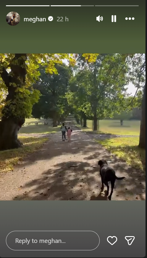Meghan's video also featured the family's dog, Pula, following Archie and Lilibet along the tree-lined countryside path. | Source: Instagram Story/meghan