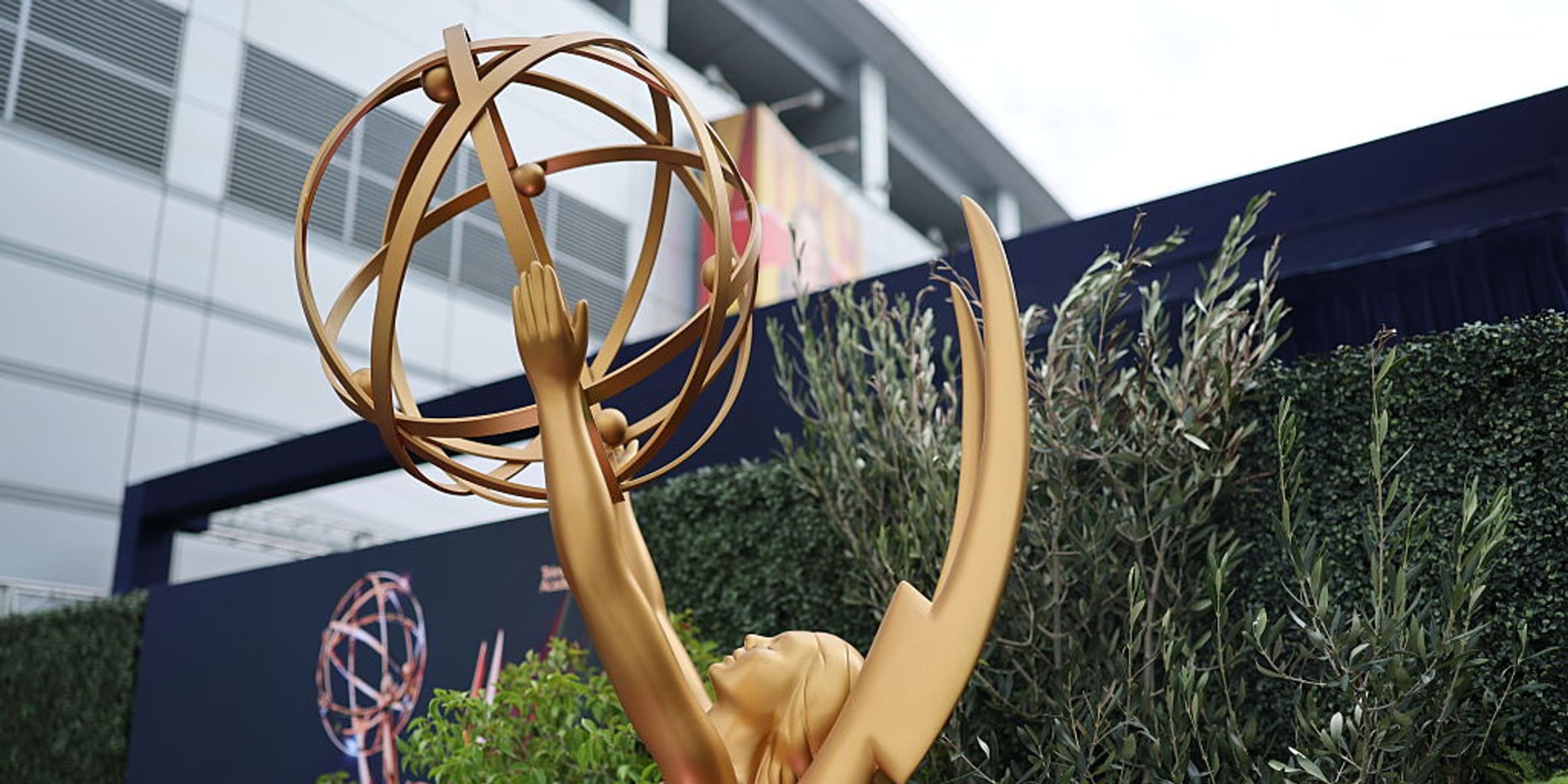 The Emmy statuette is displayed outside the 78th Primetime Emmy Awards venue ahead of the ceremony in Los Angeles, California. | Source: Getty Images