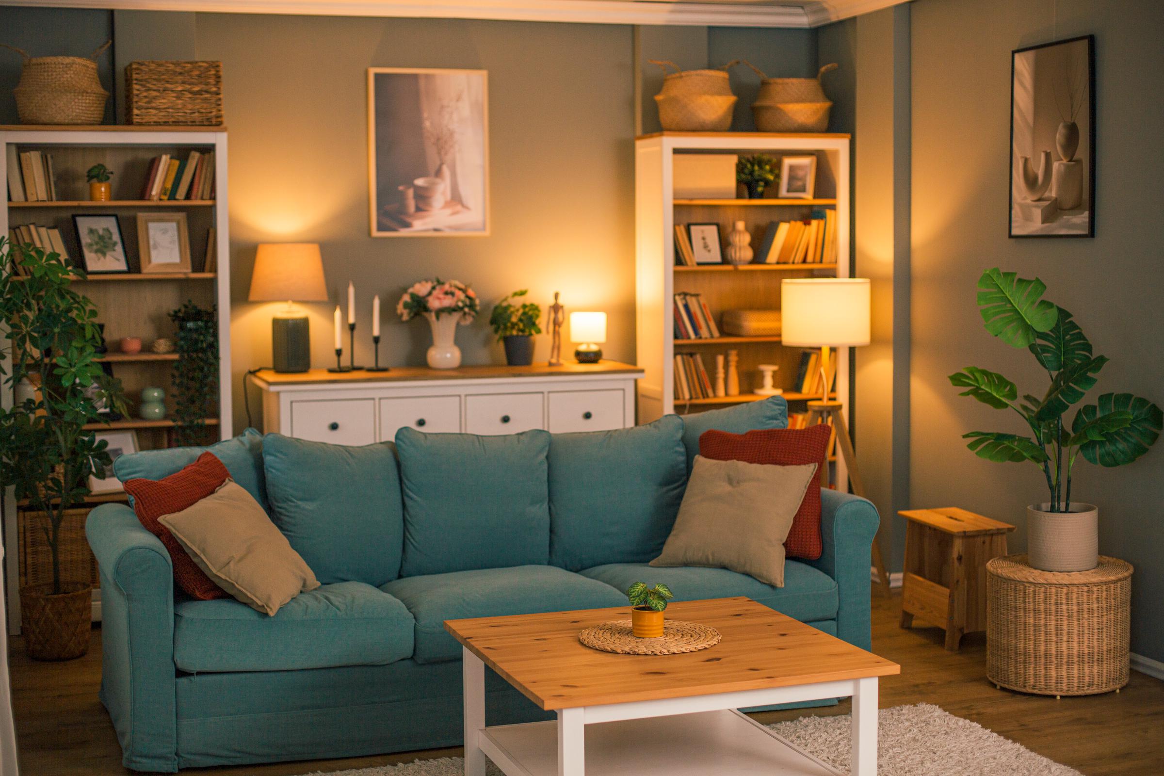 A living room with warm lighting | Source: Getty Images