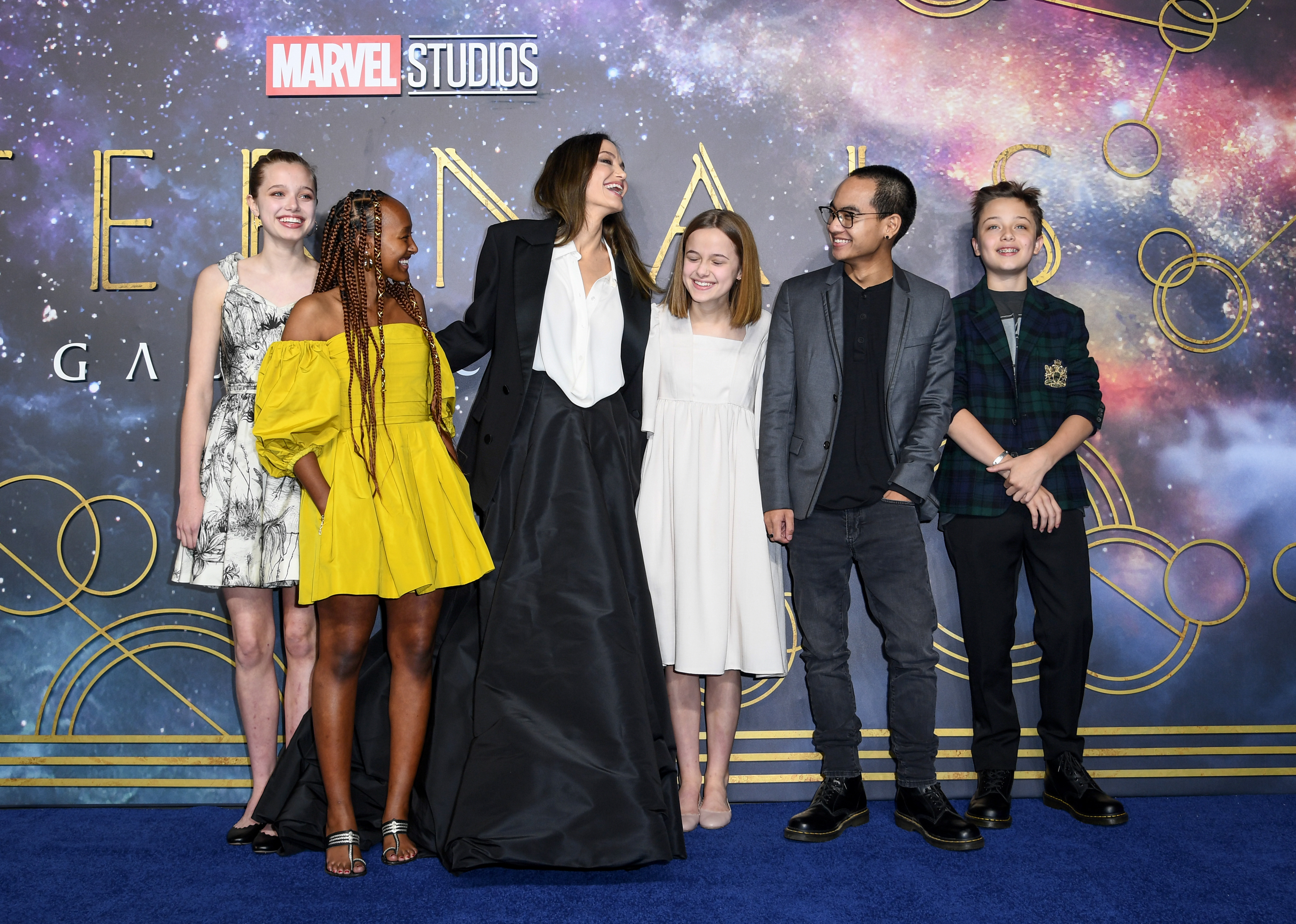 Angelina, Vivienne, Shiloh, Zahara, Maddox, and Knox Jolie attend the UK gala screening of Marvel Studios' "Eternals" at BFI IMAX Waterloo in London on October 27, 2021. | Source: Getty Images
