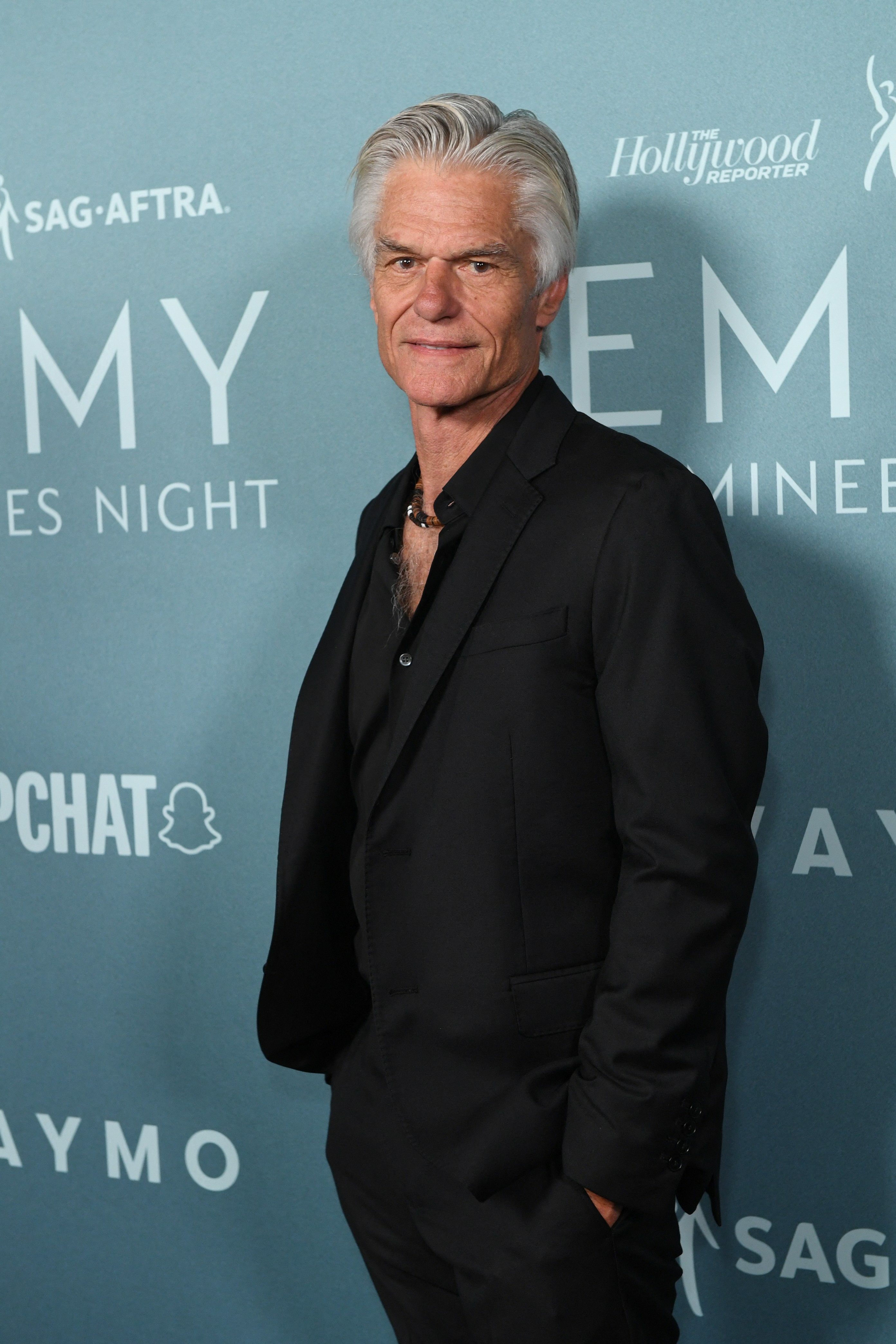 Harry Hamlin poses for a solo portrait in his all-black suit and open shirt, with his swept-back silver hair and layered necklace standing out against the Emmy Nominees Night backdrop. | Source: Getty Images